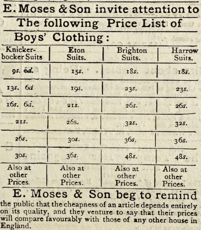 Price List for E. Moses & Son