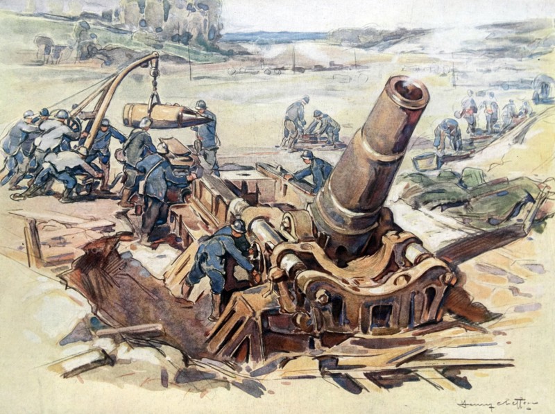 French mortar prepared for firing against German positions, WWI, France
