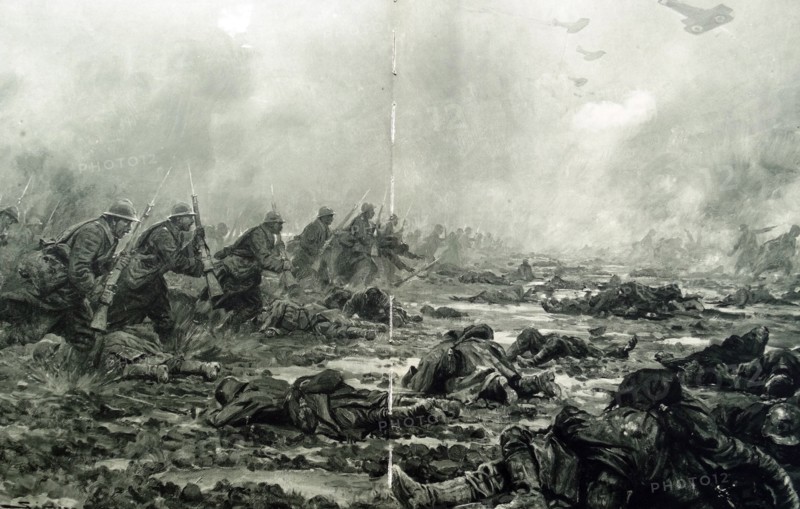 french infantry advance under fire in a battle during WWI