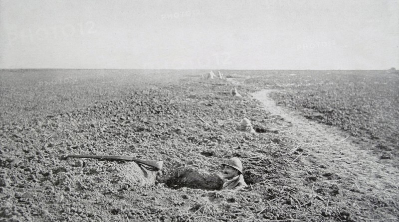 French soldiers in foxholes in France during the spring of 1918. WWI