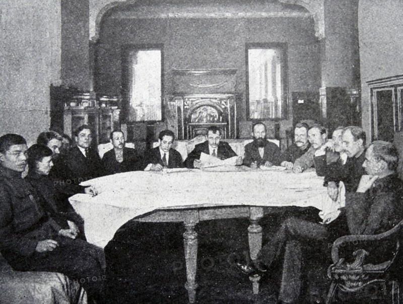A revolutionary tribunal meeting of soldiers, workers and soviet representatives