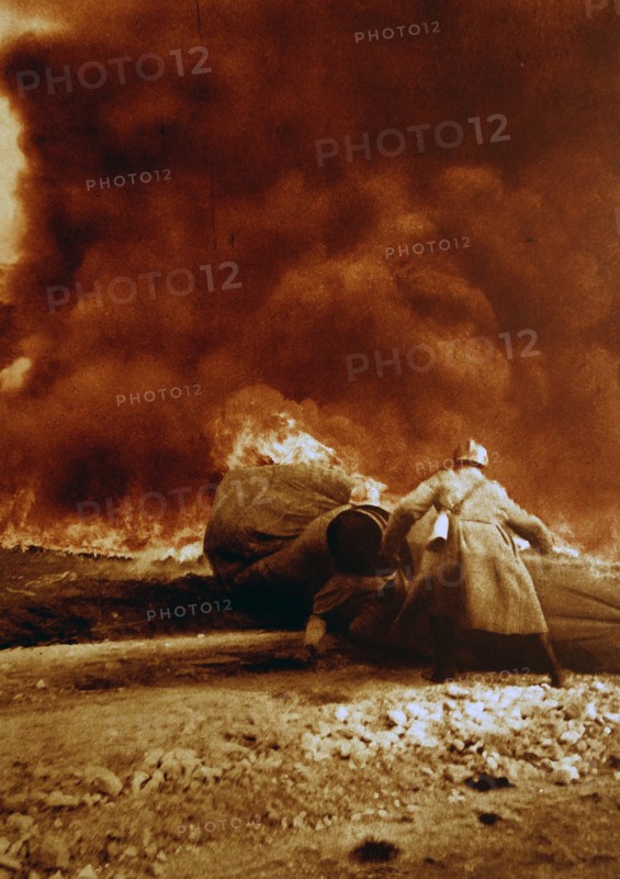 WWI French balloon is destroyed on the ground by a german aerial attack 1916