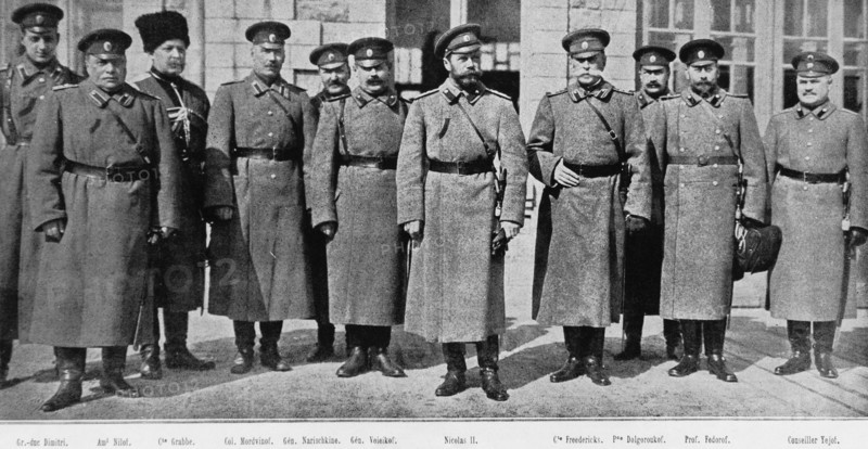 Tsar Nicholas II of Russia with  his personal staff. 1916
