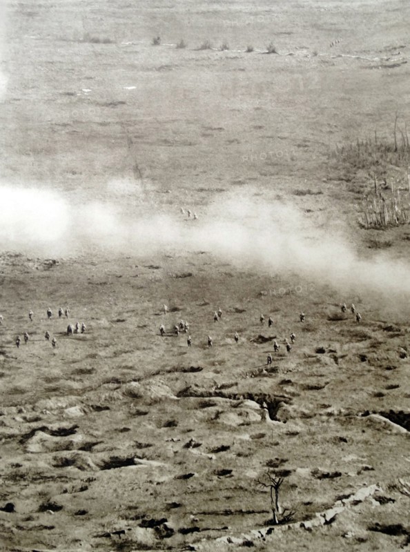 Gas attack on soldiers in a battlefield in France