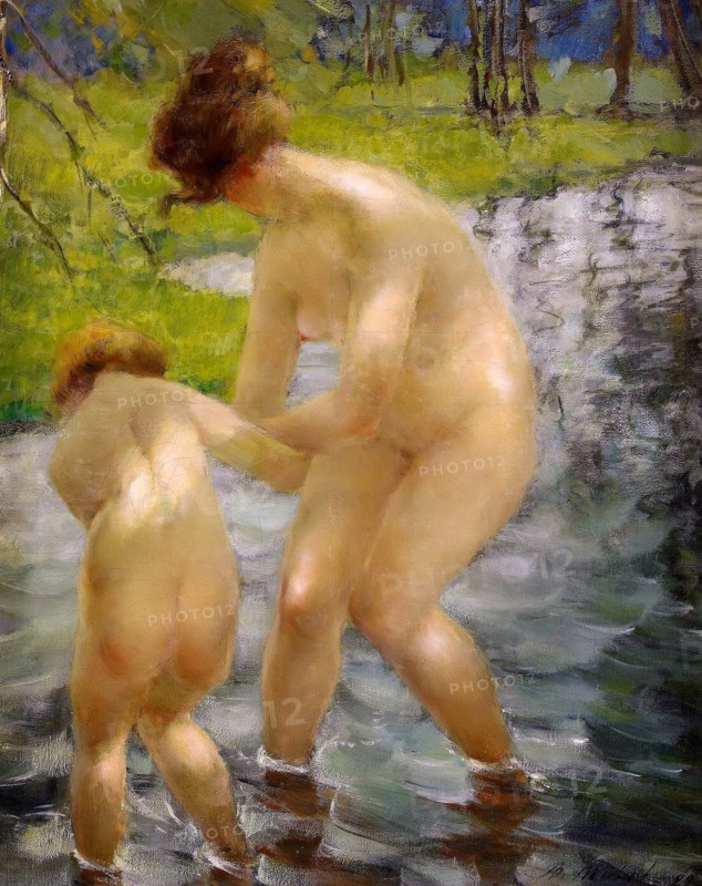 Woman and Child bathing;   circa 1910. By the Russian artist Vitaly Tikhov (1876-1939)