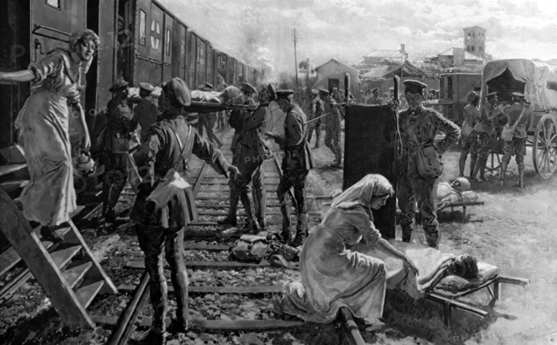 An WWI ambulance train stops at a field hospital in France
