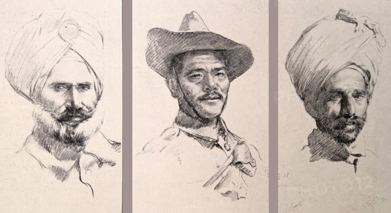 A Sikh;   a Ghurkha and a Pathan of the British Indian army in WWI 1916