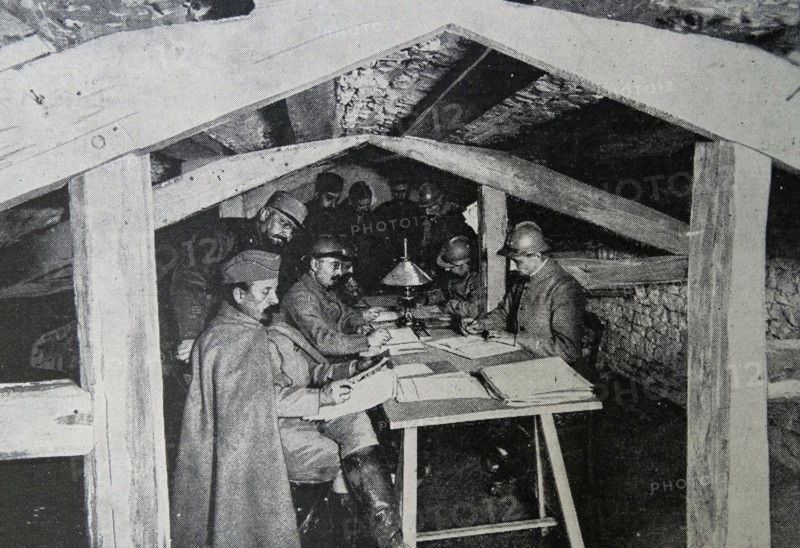 French officers in an underground HQ on the western front;   during WWI 1916