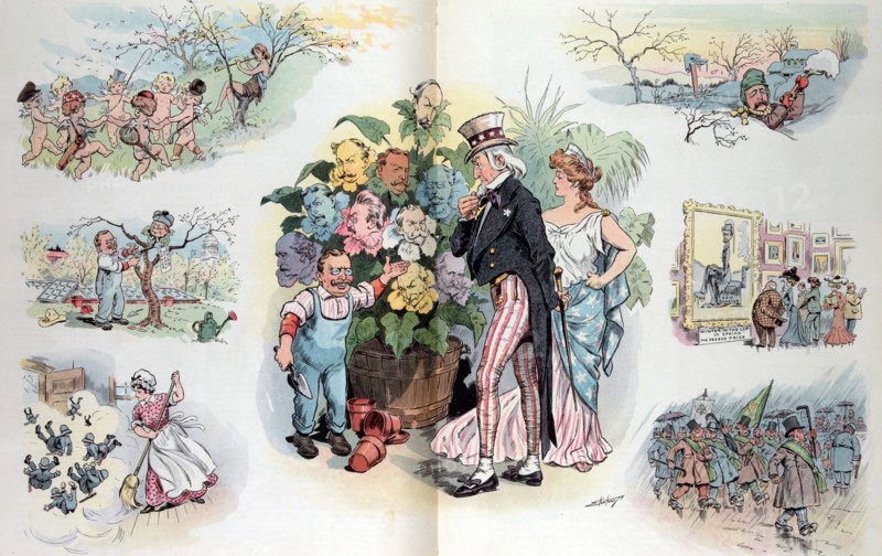 President Theodore Roosevelt showing Uncle Sam and Columbia a large plant