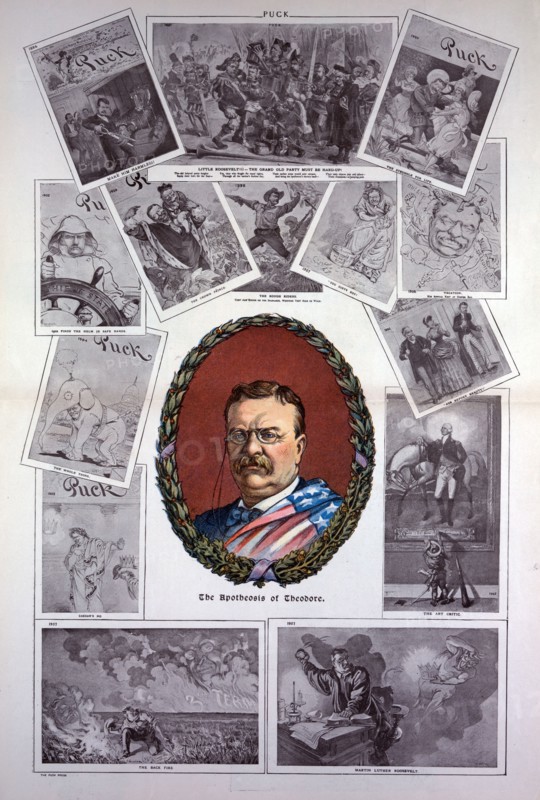 Theodore Roosevelt in an oval wreath of oak and laurel or holly