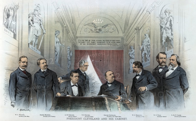 President Cleveland sitting at a desk between his cabinet members