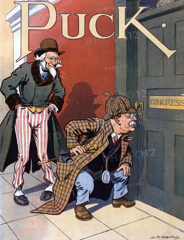 Theodore Roosevelt as Sherlock Holmes peaking through a keyhole in a door