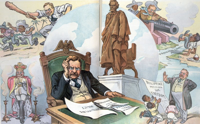 President Theodore Roosevelt sitting at a desk pondering the Philippine and Central American issues,