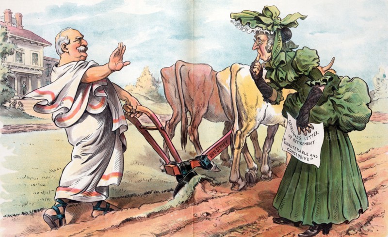 Former president Grover Cleveland as "Cincinnatus" ploughing a field
