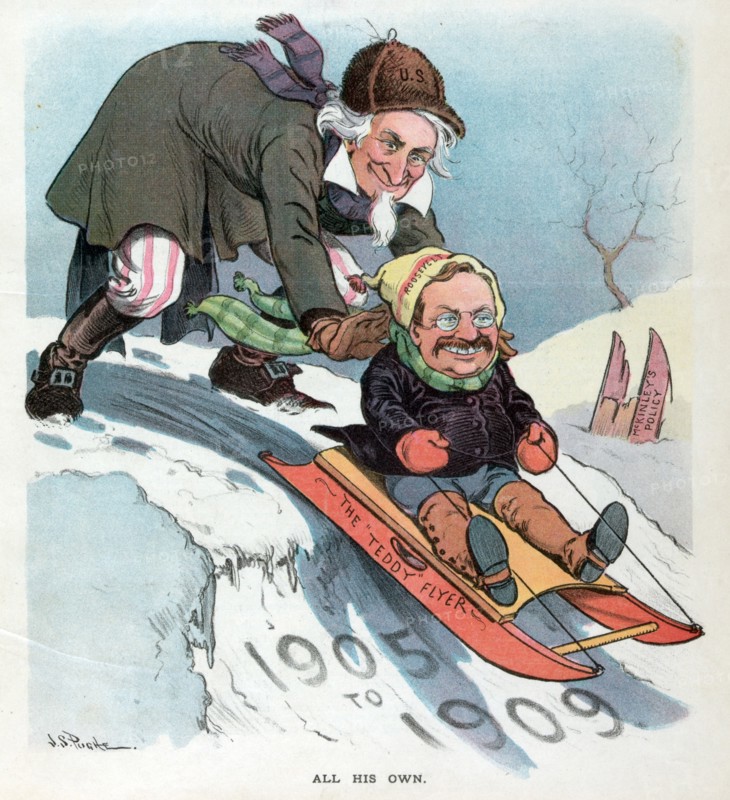 Uncle Sam pushing President Theodore Roosevelt on a sled