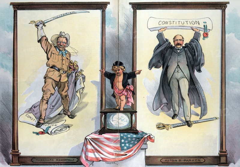 Puck standing on a ballot box between President Theodore Roosevelt and Alton B. Parker