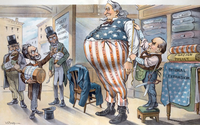 A huge Uncle Sam getting a new outfit made at the "McKinley and Company National Tailors"