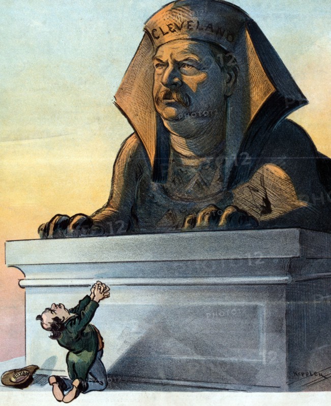 William Jennings Bryan on his knees appealing to a sphinx