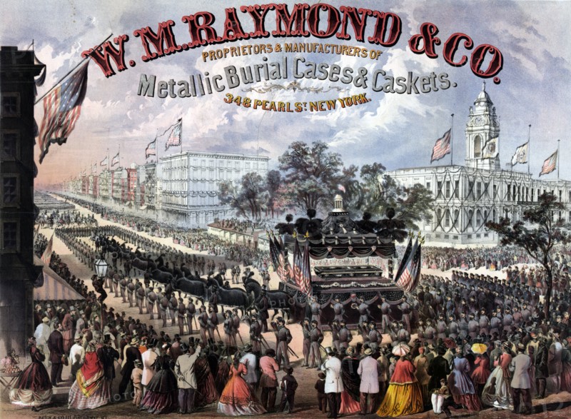 Advertisement for casket manufacturers showing Lincoln's funeral