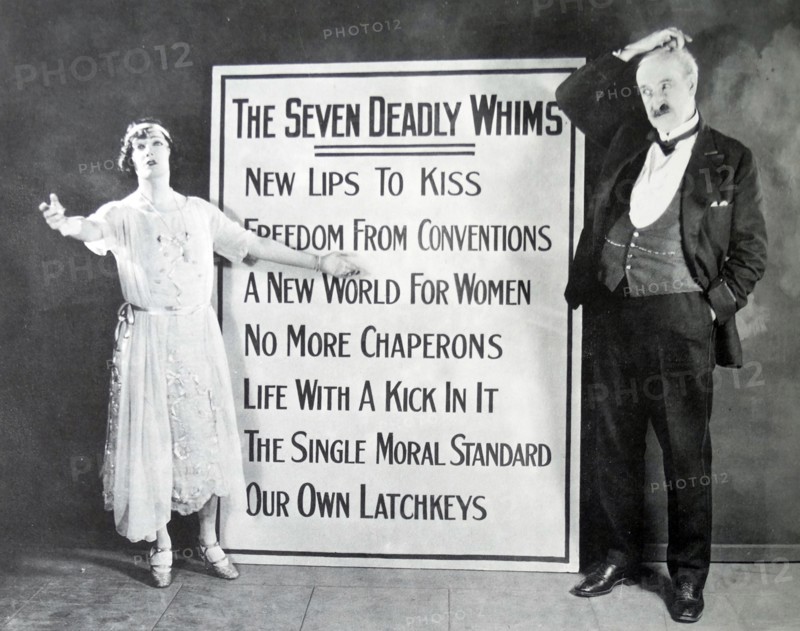 Publicity for Prodigal Daughters, 1923.  Gloria Swanson proclaims the new creed of youth to her father, Theodore Roberts.