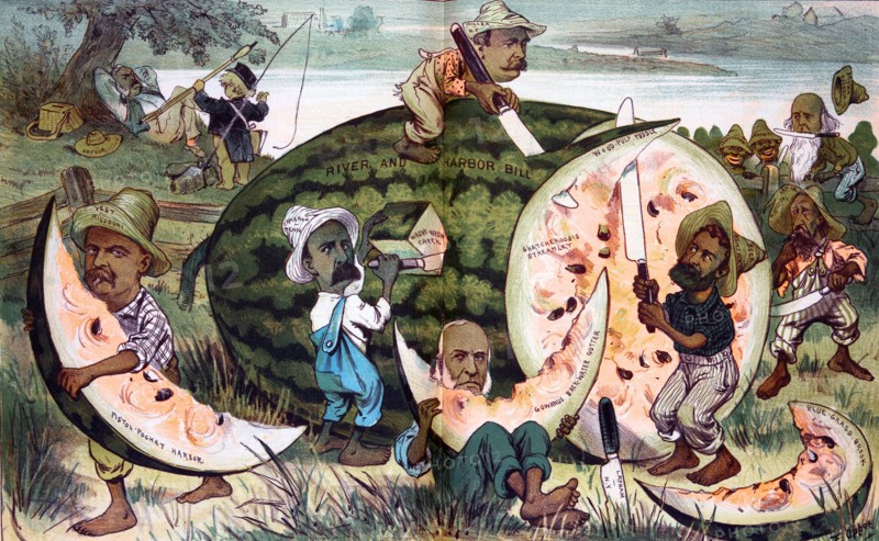 Several legislators slicing up a large watermelon