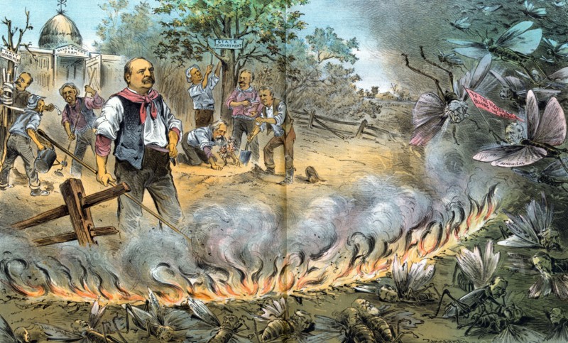 President Cleveland standing behind a wall of flames