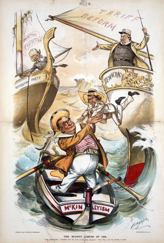 Benjamin Harrison on the deck of a ship labelled 'Republican Party'