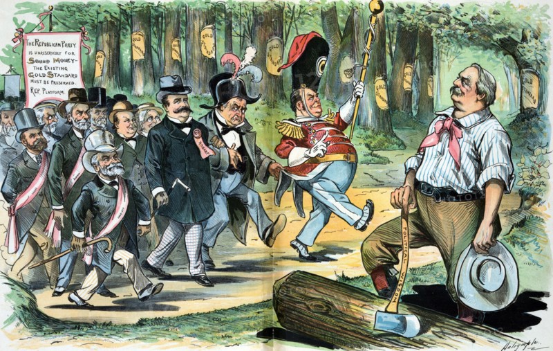 President Cleveland holding an axe labelled 'Political Wisdom'
