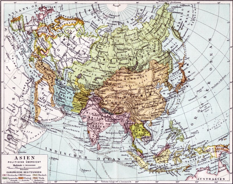 German map of Europe; Russia and Asia dated to 1890.