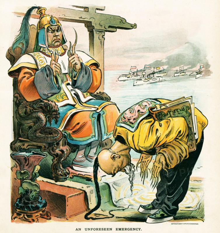 the Emperor of China sitting on a throne talking with a wise minister