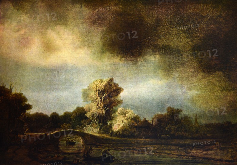 Landscape painting with a stone bridge