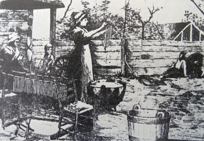 Engraving of a housewife making candles.