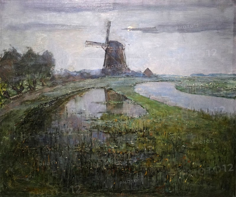 Painting of Oostzijdse Mill along the River Gein by Moonlight