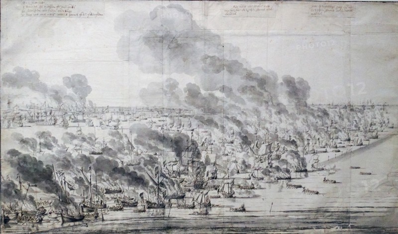 Engraving of Robert Holmes setting the Dutch Fleet on fire at Terschelling
