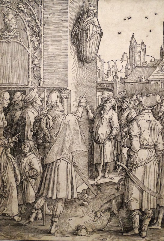Woodcut depicting Virgil in a Basket