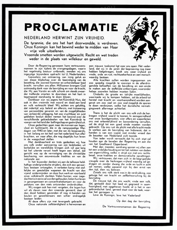 The first public proclamation marking the end of WWII in Holland