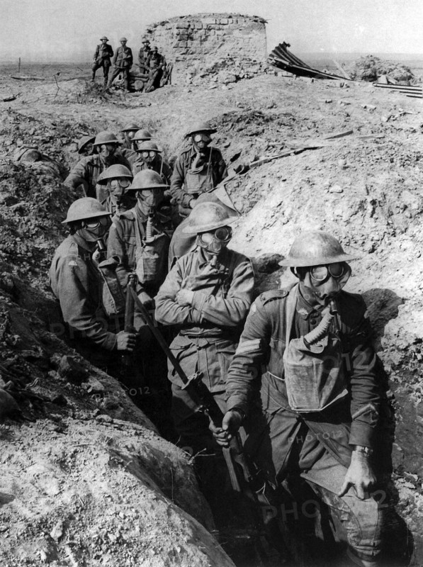 Australian infantry wearing gas masks, 1916