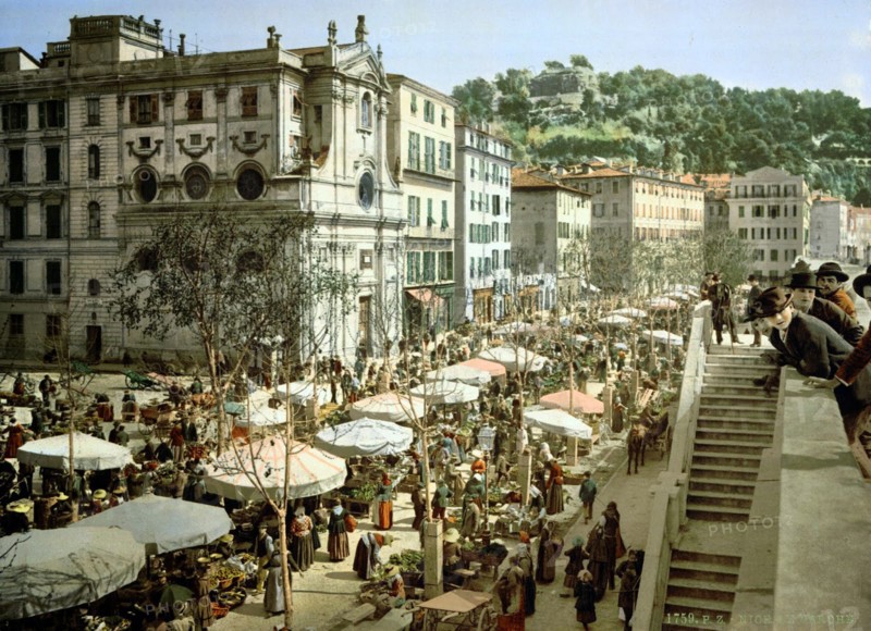 Colour photograph of the Market Place in Nice