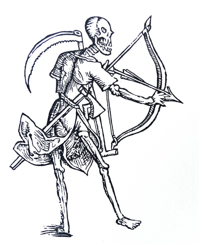 Mediaeval line drawing of death with a bow and scythe