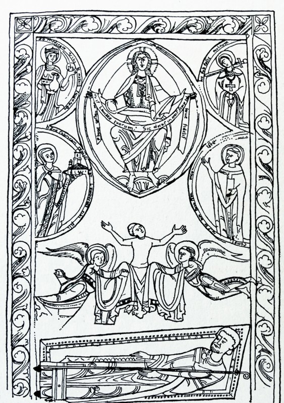 Line drawing of the Pious death of Abbot Lambert