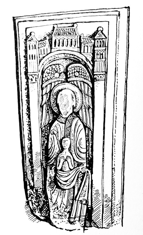 Line drawing of a tomb slab possibly belonging to Bishop Nigel