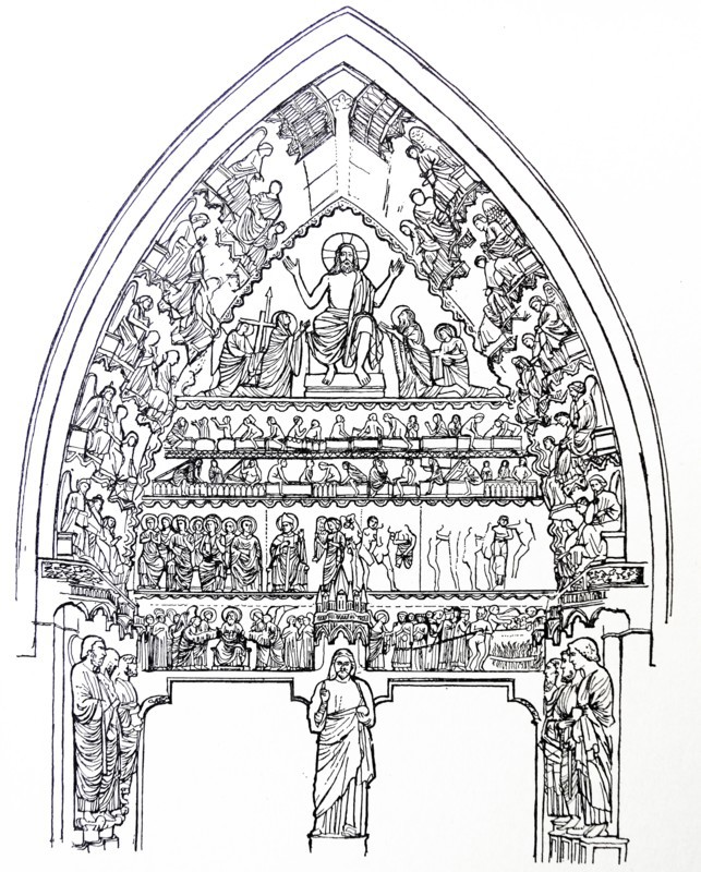 Line drawing of the Last Judgement tympanum at Rheims