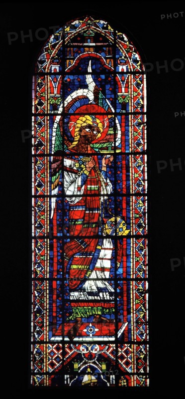 Stained glass window from Chartres Cathedral, France. Show the Archangel with the thurible