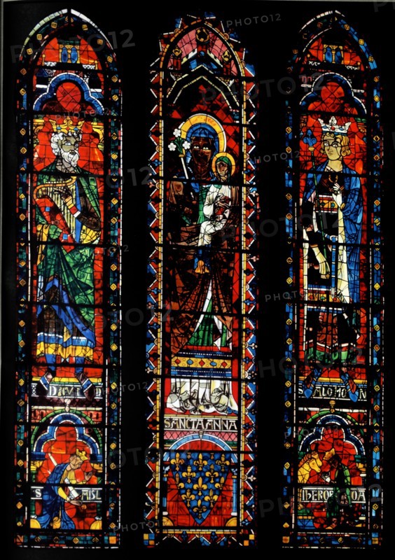 Stained glass at Chartres Cathedral; King David; St Anne with the infant Virgin and King Solomon;