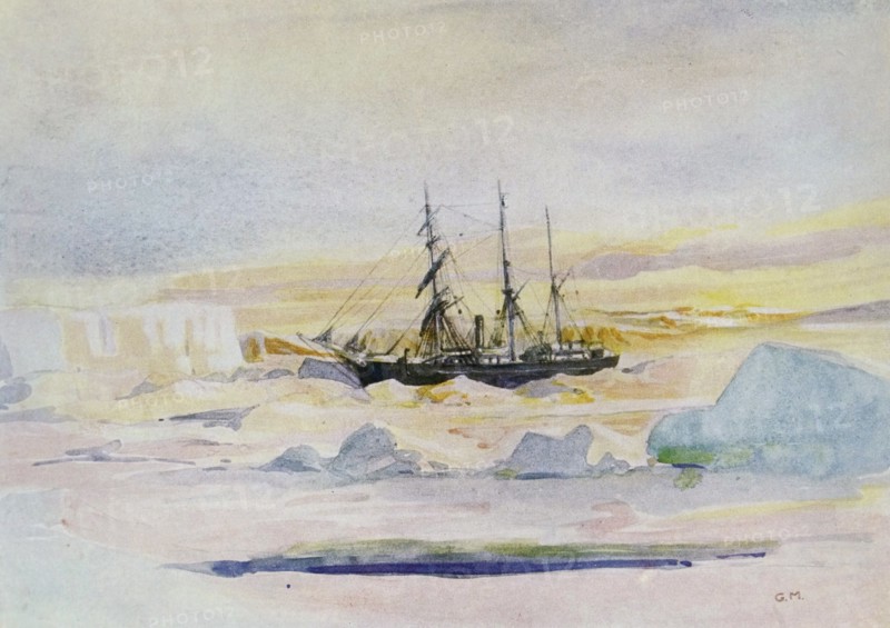 Shackleton's ship, the Nimrod, among the ice in McMurdo's Sound, the winter land quarter of the British Antarctic Expedition.