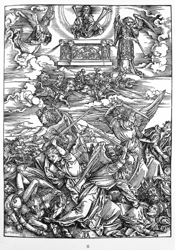 Woodcut by Albrecht Durer; The Battle of the Angels (Four avenging Angels of the Euphrates). The Revelation of Saint John (Apocalypse, VII. Figure).