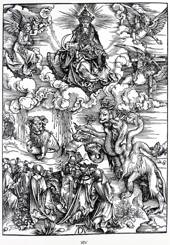 Woodcut by Albrecht Durer; The Sea Monster and the Beast with the Lamb's Horns. The Revelation of Saint John