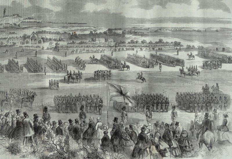 A military review of British soldiers in Scotland, at Edinburgh attended by Queen Victoria 1860