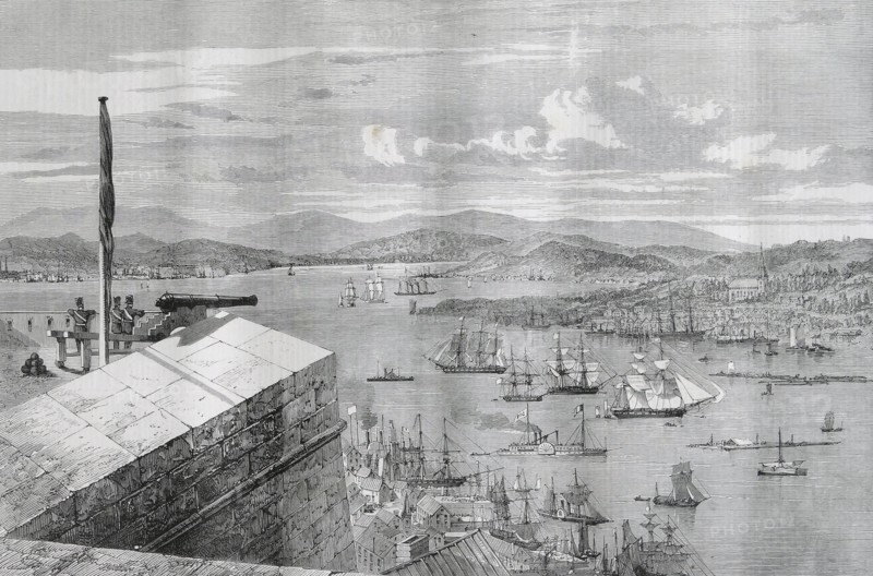 View from the King's bastion Quebec the Isle of Orleans in the distance. From a drawing by Major Williams.
