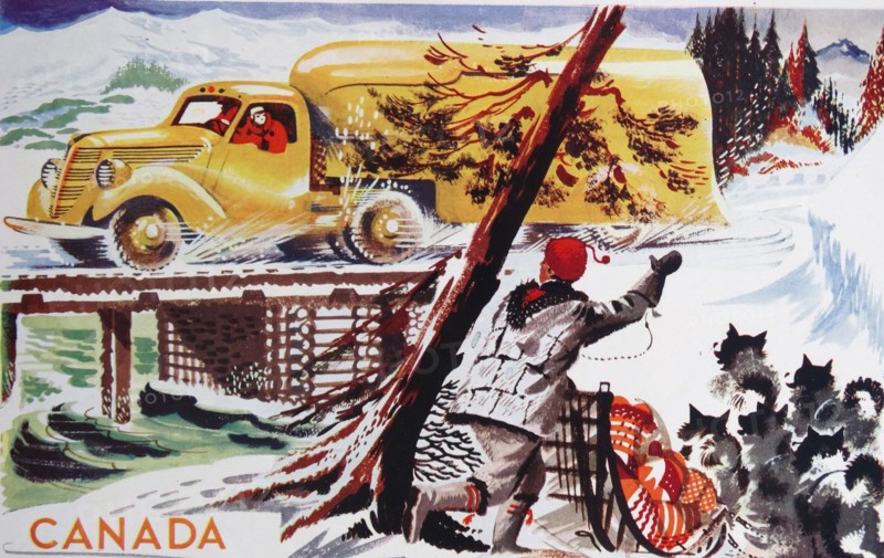 Colour illustration depicting a semi-permanent timber bridge over one of the rivers along the North Western Highway